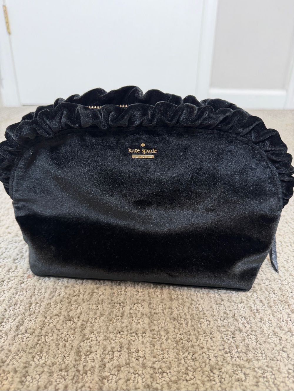 kate spade Black Velvet Ruffled Top Cosmetic Pouch with Gold Logo